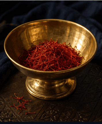 Saffron threads in a brass bowl as a chromatic botanical materia medica study
