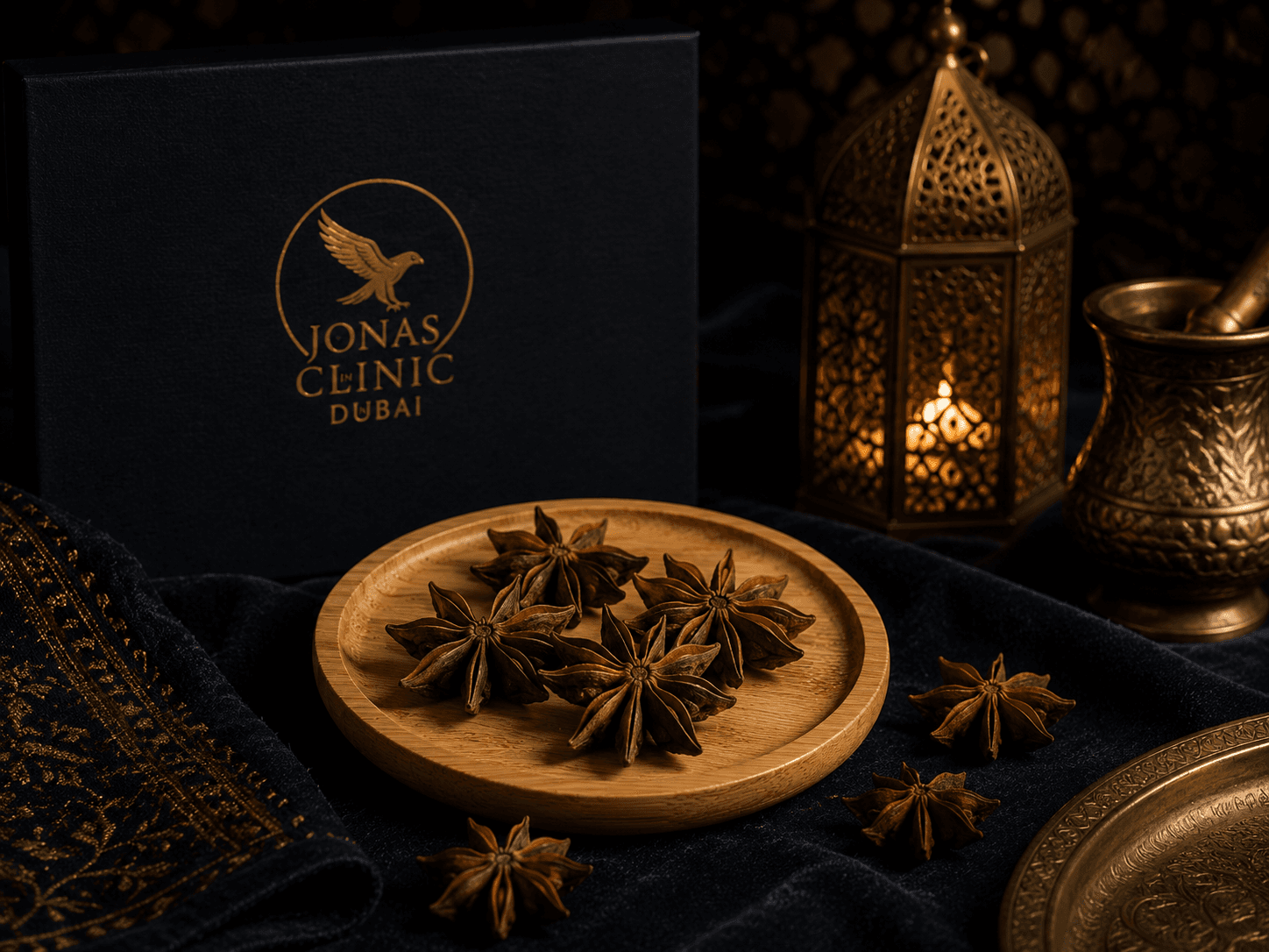 Tightly cropped star anise botanical geometry in brass and dark textile setting