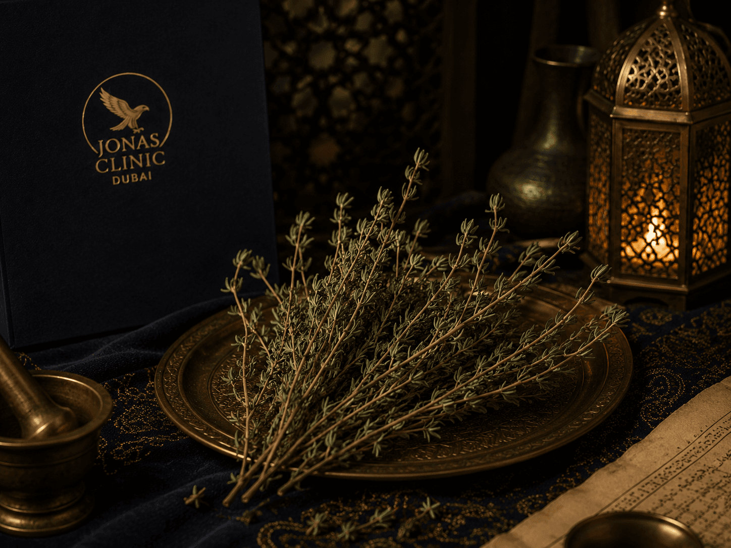 Thyme branches on a brass plate as a living botanical transition study